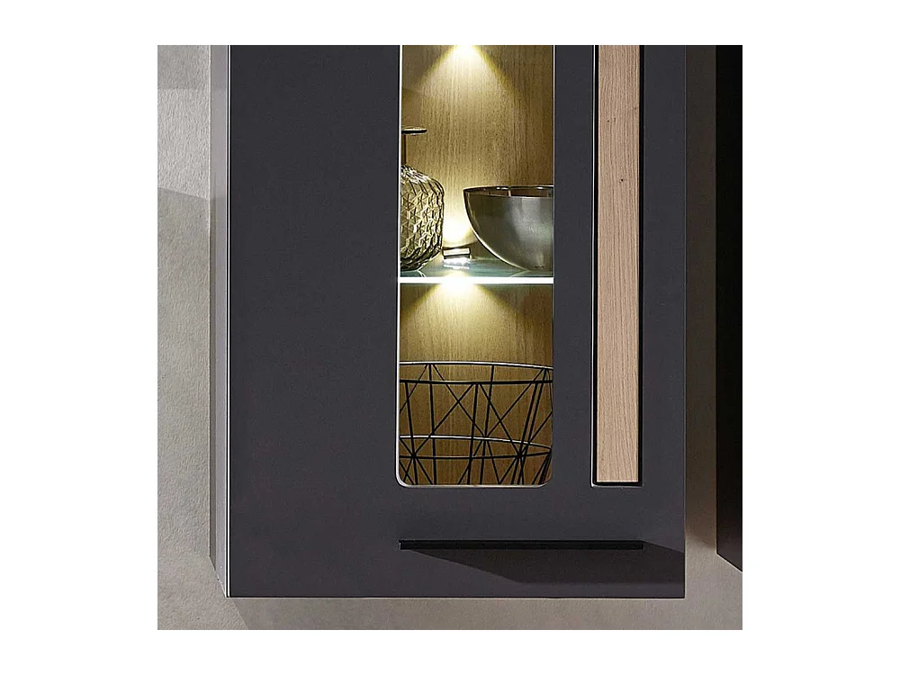 Wandvitrine in Wildeichefarben und Dunkelgrau LED Beleuchtung