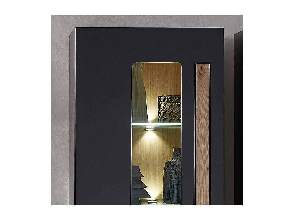 Wandvitrine in Wildeichefarben und Dunkelgrau LED Beleuchtung