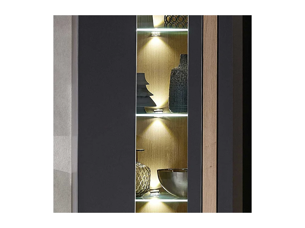 Wandvitrine in Wildeichefarben und Dunkelgrau LED Beleuchtung