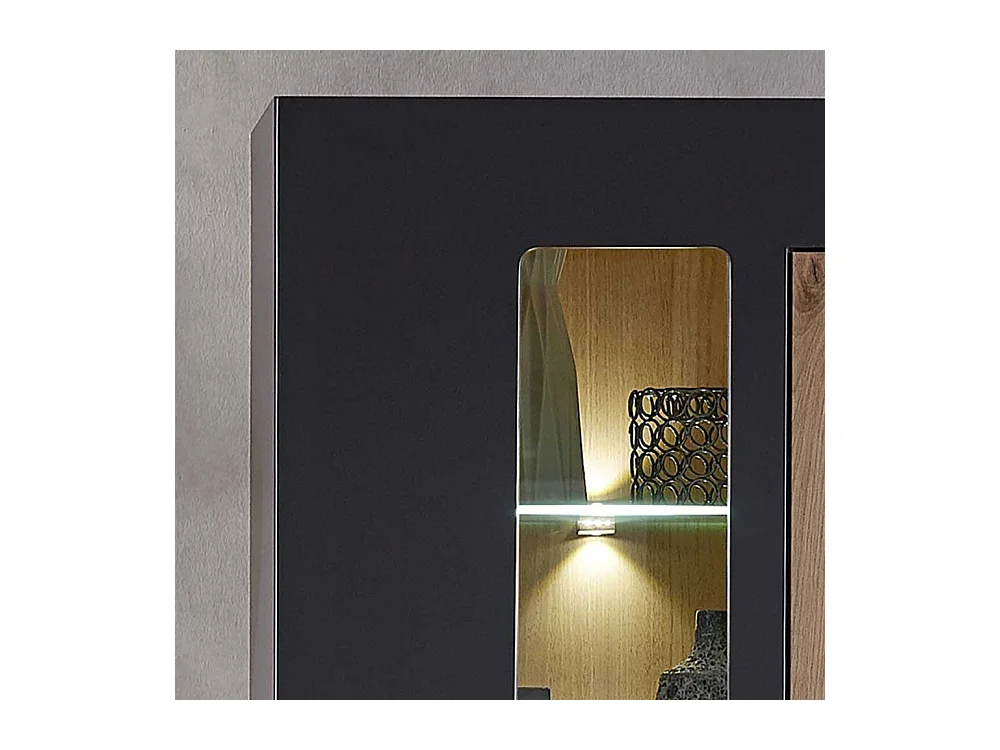 Wandvitrine in Wildeichefarben und Dunkelgrau LED Beleuchtung