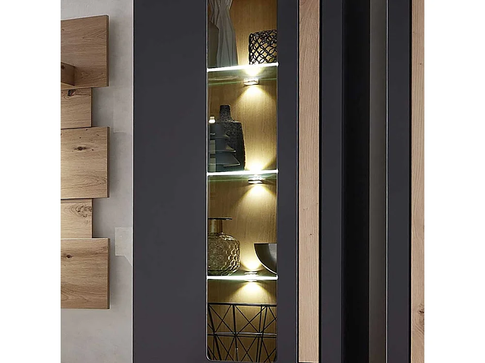 Wandvitrine in Wildeichefarben und Dunkelgrau LED Beleuchtung