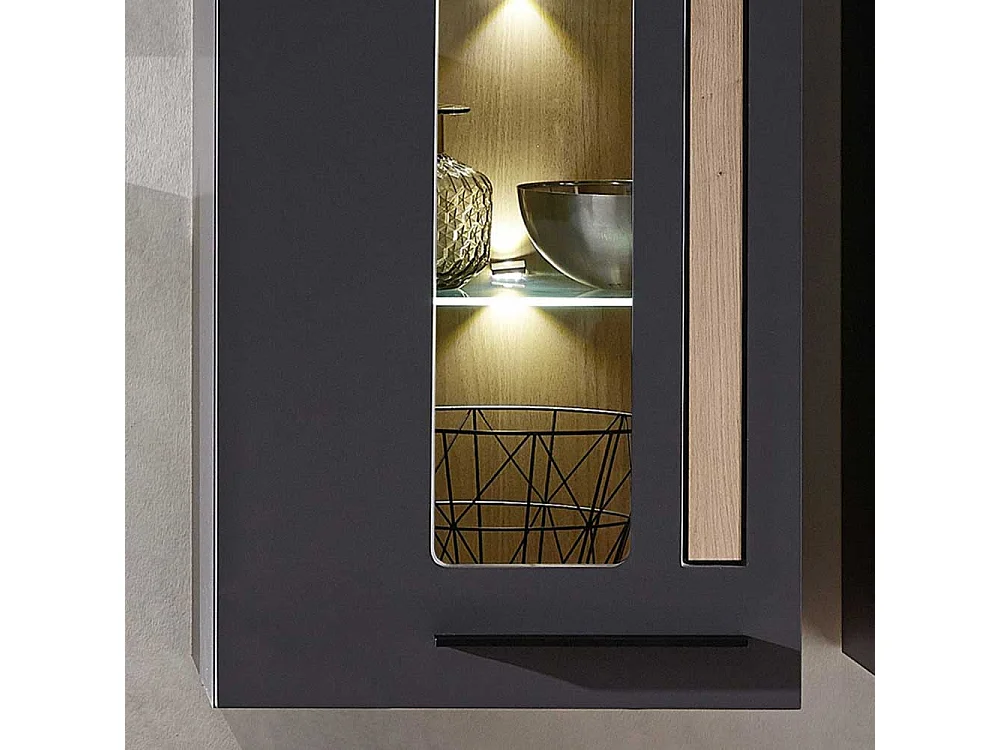 Wandvitrine in Wildeichefarben und Dunkelgrau LED Beleuchtung