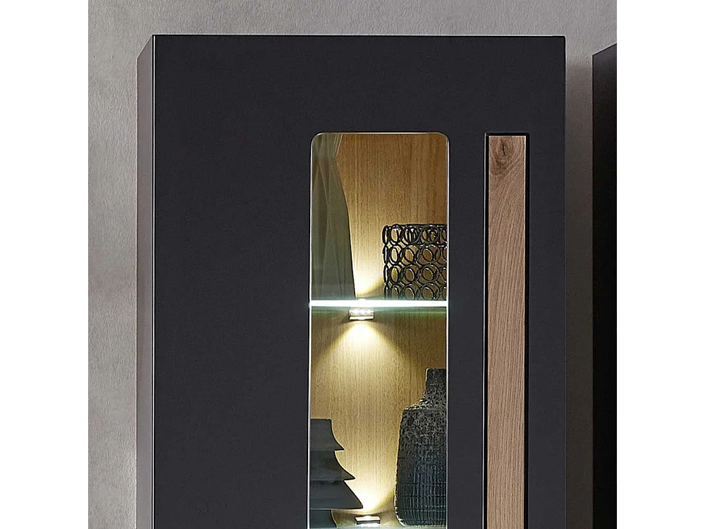 Wandvitrine in Wildeichefarben und Dunkelgrau LED Beleuchtung