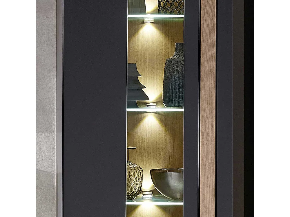 Wandvitrine in Wildeichefarben und Dunkelgrau LED Beleuchtung