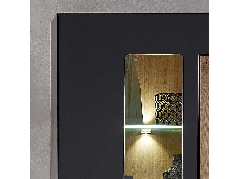 Wandvitrine in Wildeichefarben und Dunkelgrau LED Beleuchtung