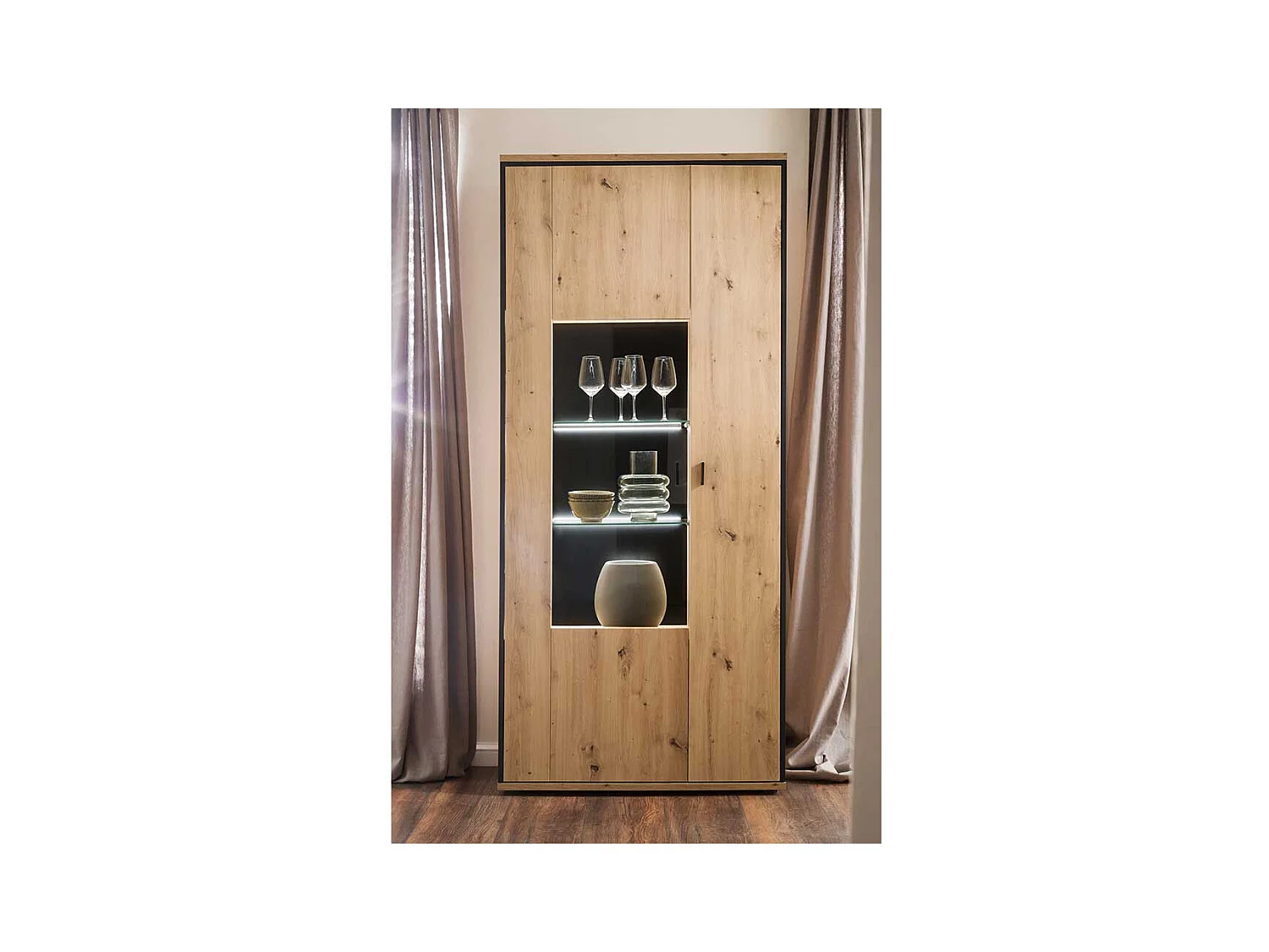 Wohnzimmervitrine in Eichefarben und Anthrazit 210 cm hoch