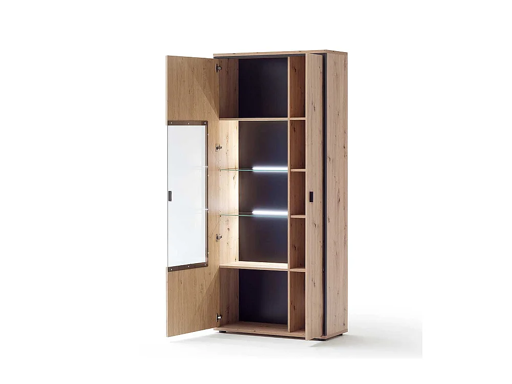 Wohnzimmervitrine in Eichefarben und Anthrazit 210 cm hoch
