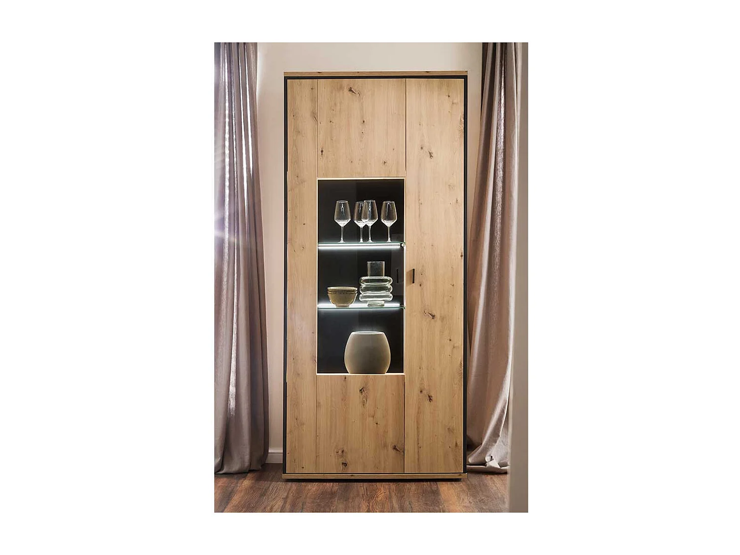 Wohnzimmervitrine in Eichefarben und Anthrazit 210 cm hoch