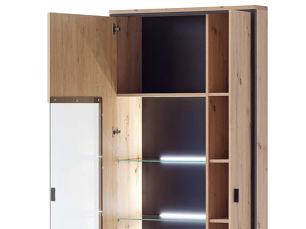 Wohnzimmervitrine in Eichefarben und Anthrazit 210 cm hoch