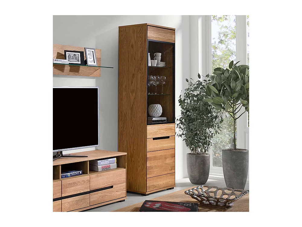 Wohnzimmervitrine in Eichefarben & Schwarz Glastür