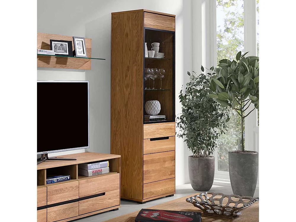 Wohnzimmervitrine in Eichefarben & Schwarz Glastür