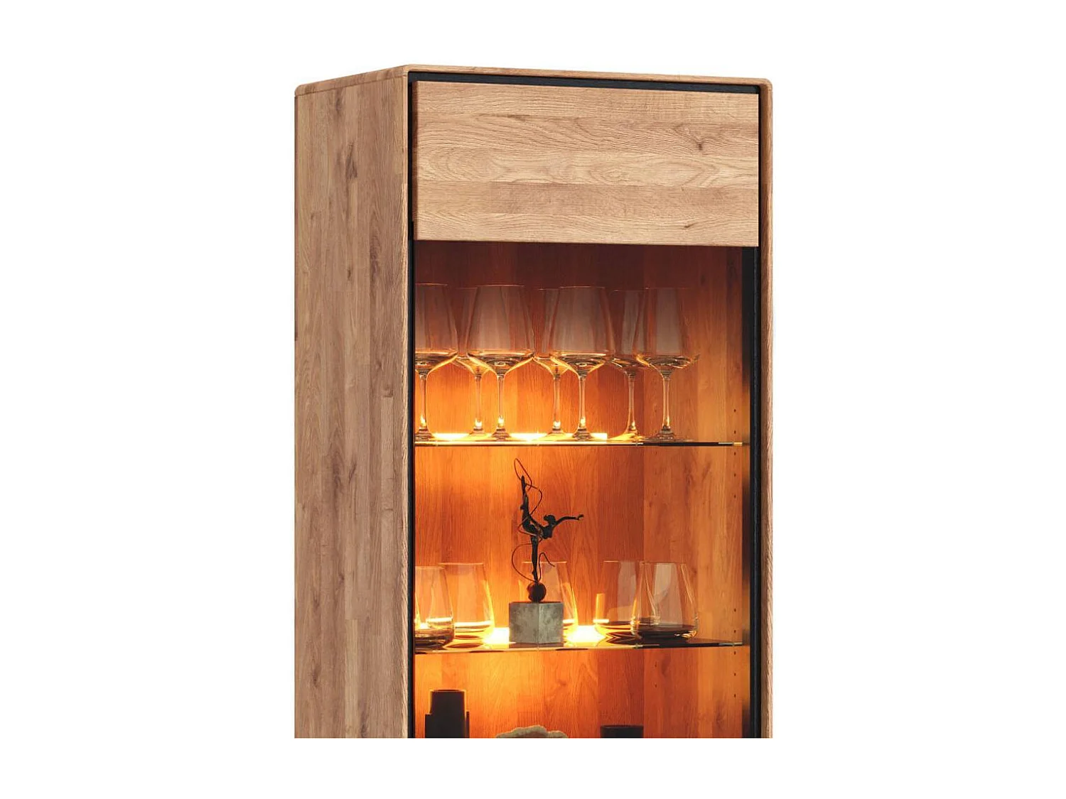 Wohnzimmervitrine Standvitrine aus Wildeiche Massivholz mit zwei Glasböden