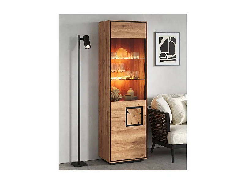 Standvitrine Esszimmervitrine mit Hirnholz Applikation aus Wildeiche Massivholz