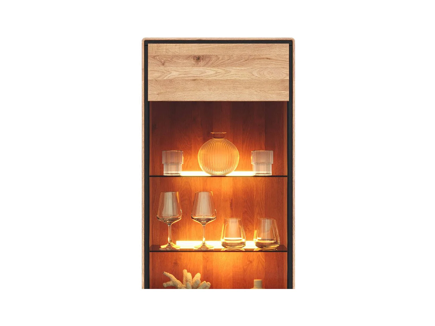 Standvitrine Esszimmervitrine mit Hirnholz Applikation aus Wildeiche Massivholz