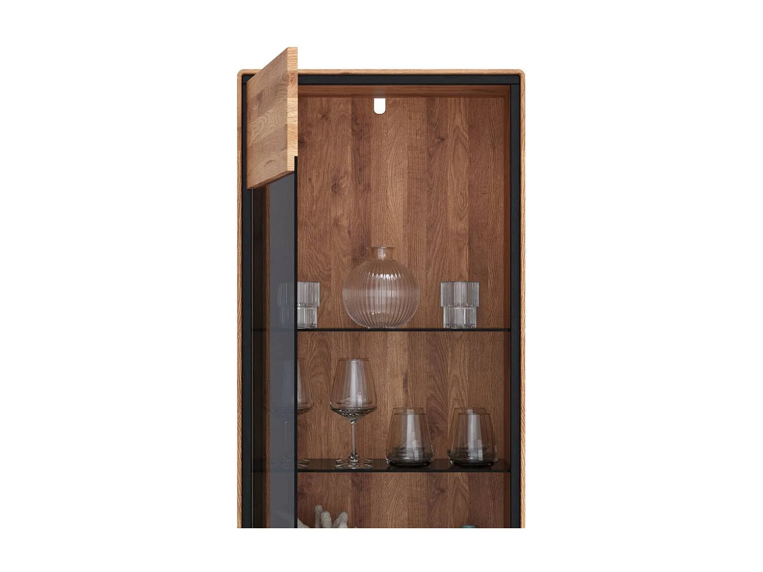 Standvitrine Esszimmervitrine mit Hirnholz Applikation aus Wildeiche Massivholz