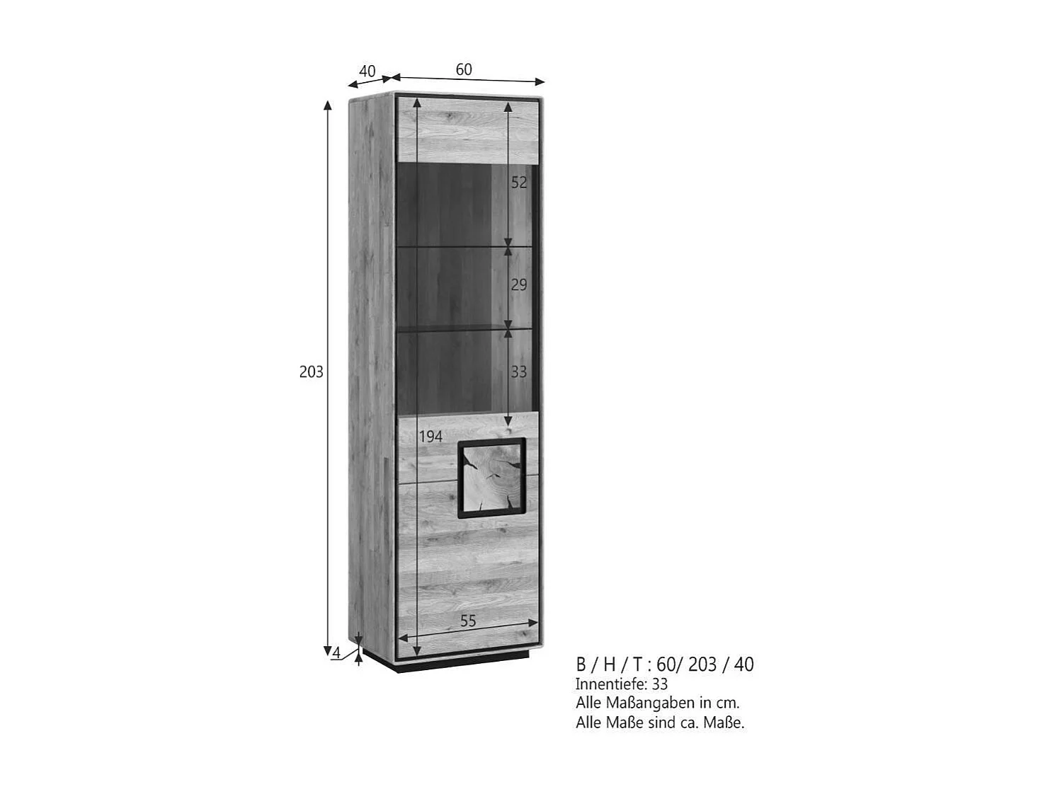 Standvitrine Esszimmervitrine mit Hirnholz Applikation aus Wildeiche Massivholz