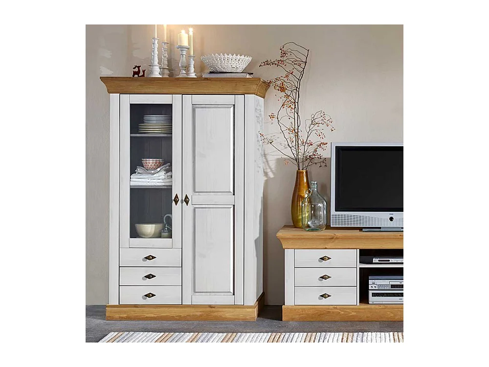 Standvitrine in Weiß Kiefer teilmassiv Landhaus