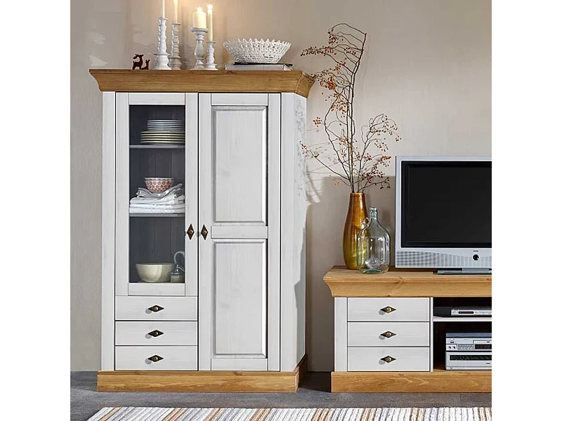 Standvitrine in Weiß Kiefer teilmassiv Landhaus