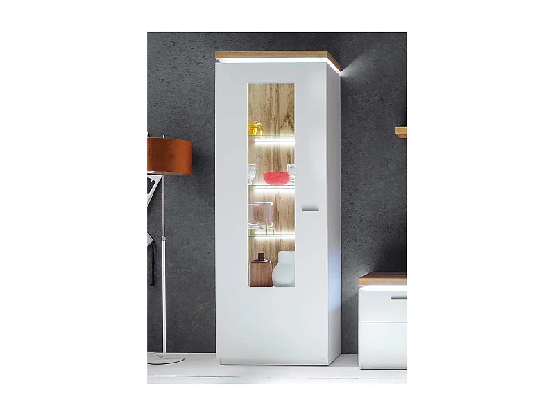 Wohnzimmervitrine in Weiß und Wildeiche Optik 70 cm breit