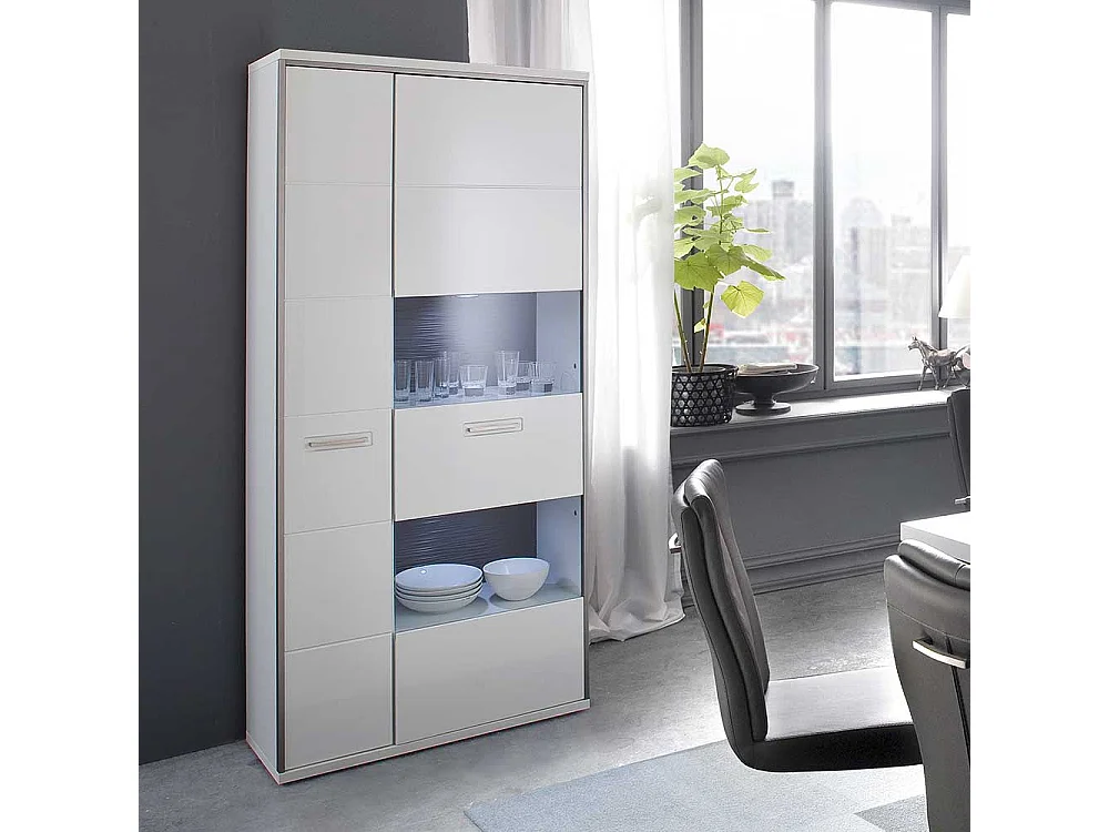 Standvitrine in Weiß Hochglanz Glas LED Beleuchtung