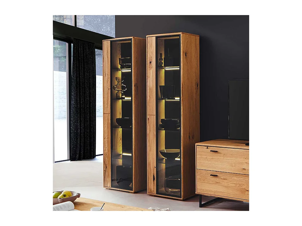 Wohnzimmervitrine schmal in Wildeichefarben und Anthrazit 190 cm hoch