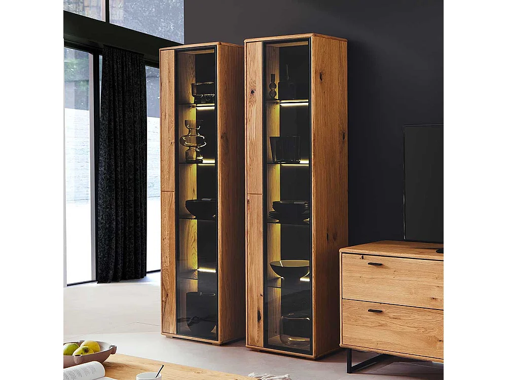 Wohnzimmervitrine schmal in Wildeichefarben und Anthrazit 190 cm hoch