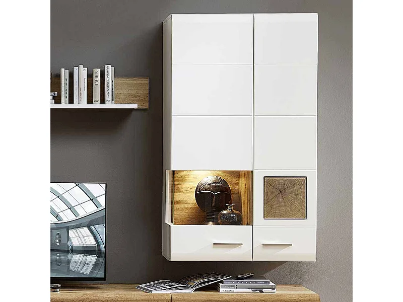 Hängevitrine in Weiß Holz Dekor LED Beleuchtung