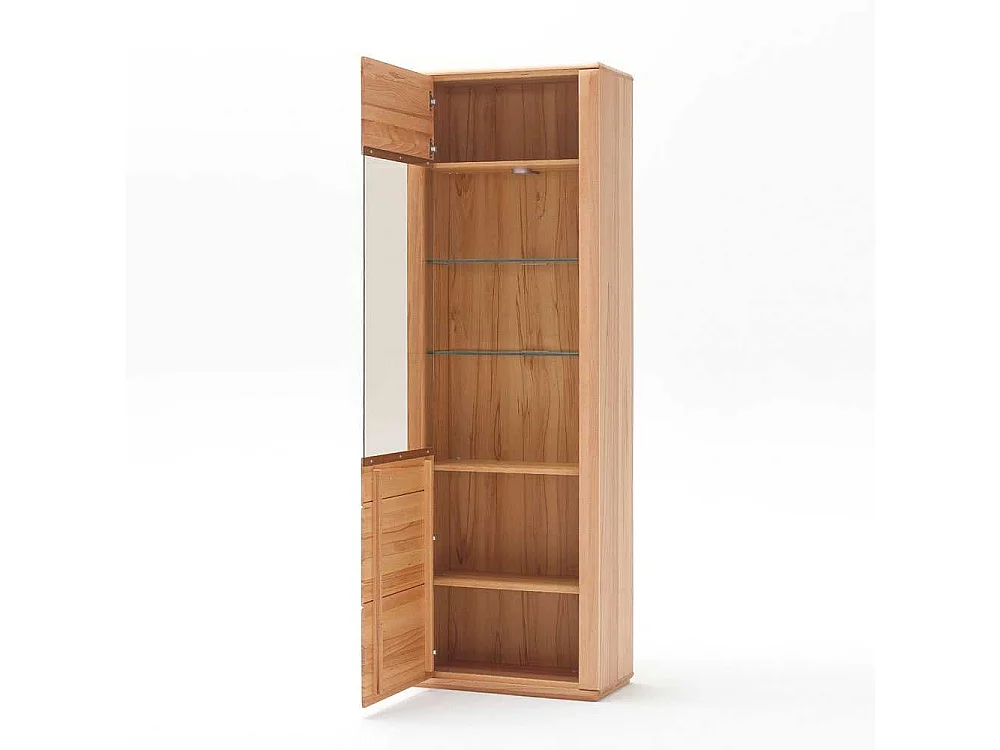 Standvitrine in Kernbuchefarben mit weißer Beleuchtung