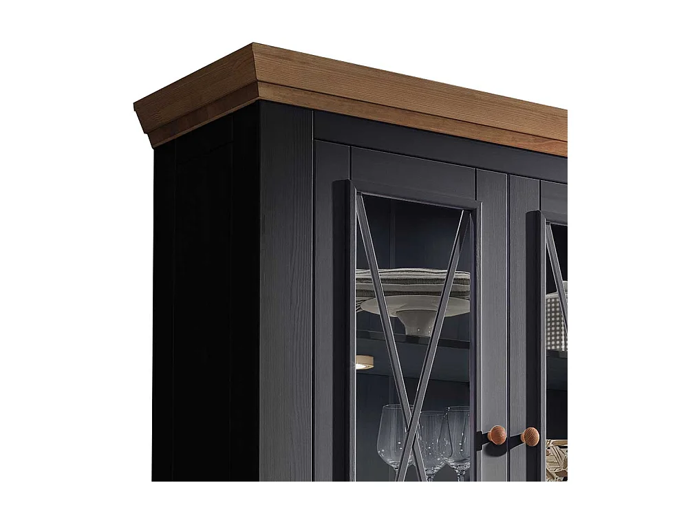 Wohnzimmervitrine in Grau und Eichefarben Kiefer Massivholz