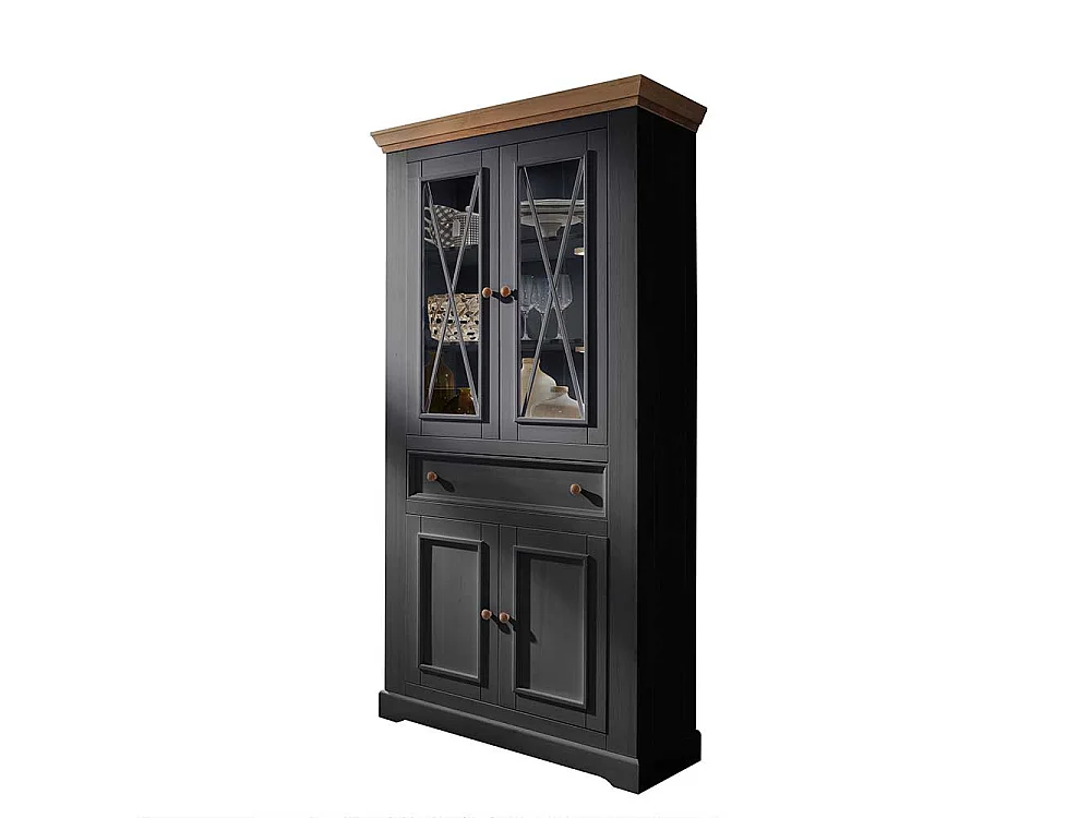 Wohnzimmervitrine in Grau und Eichefarben Kiefer Massivholz