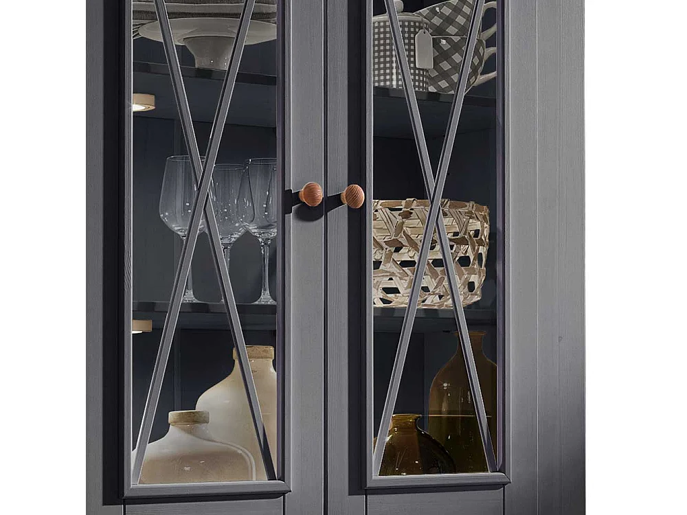 Wohnzimmervitrine in Grau und Eichefarben Kiefer Massivholz