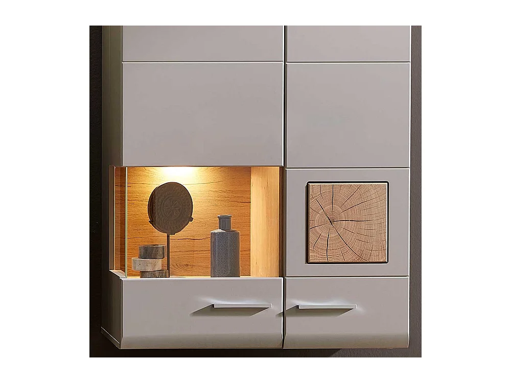 Hängevitrine in Grau und Eiche Optik LED Beleuchtung