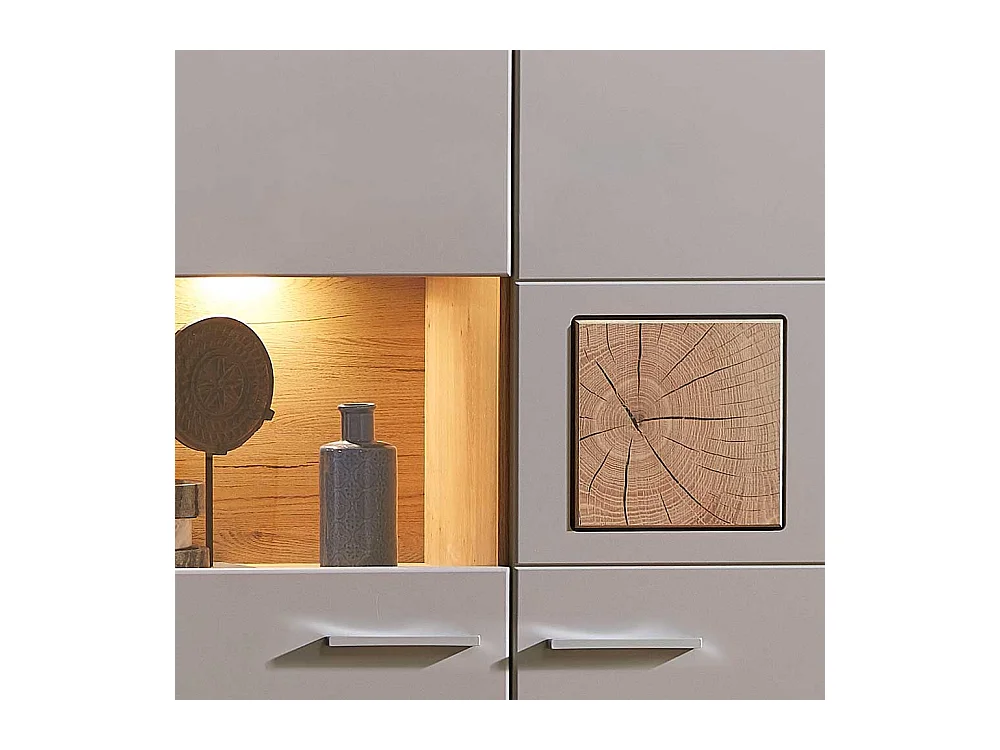 Hängevitrine in Grau und Eiche Optik LED Beleuchtung