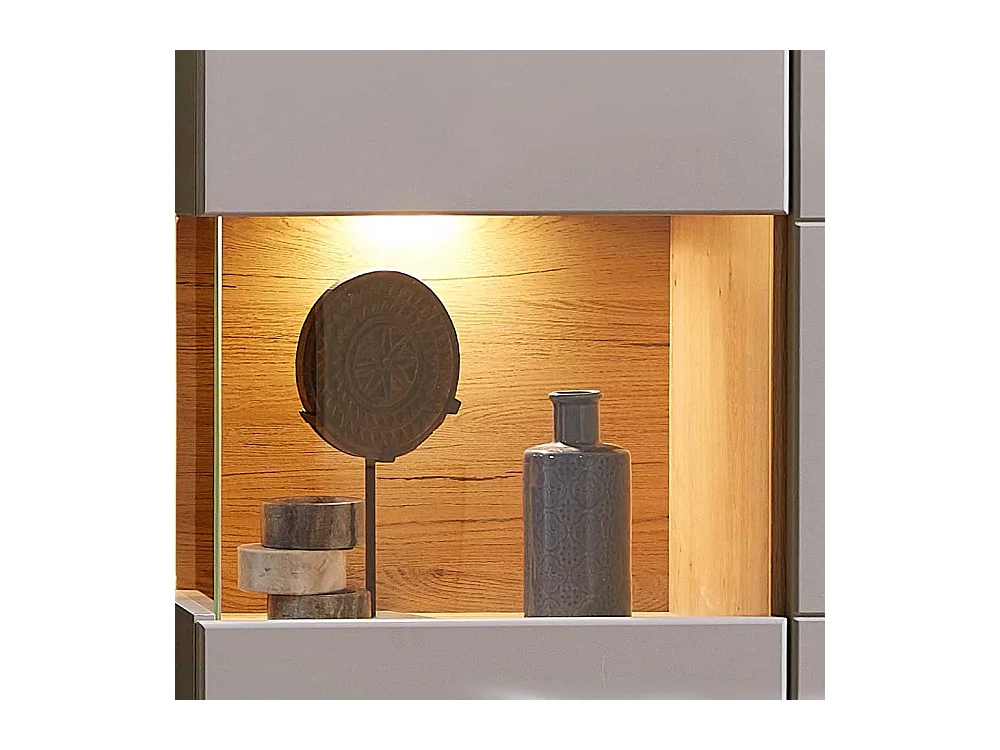 Hängevitrine in Grau und Eiche Optik LED Beleuchtung