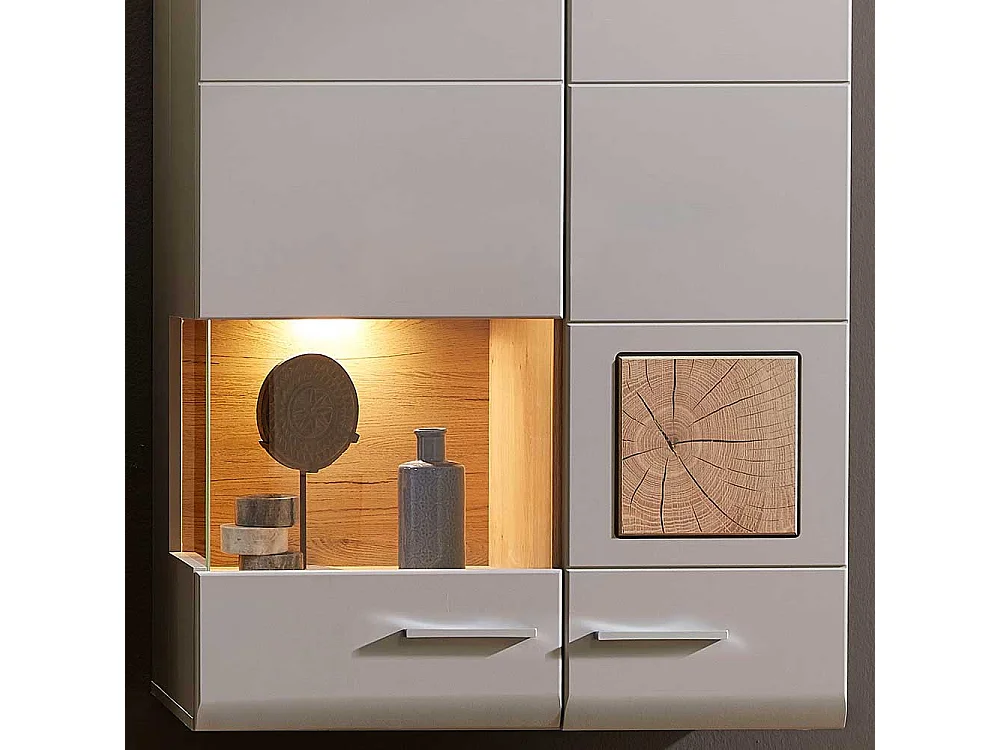 Hängevitrine in Grau und Eiche Optik LED Beleuchtung