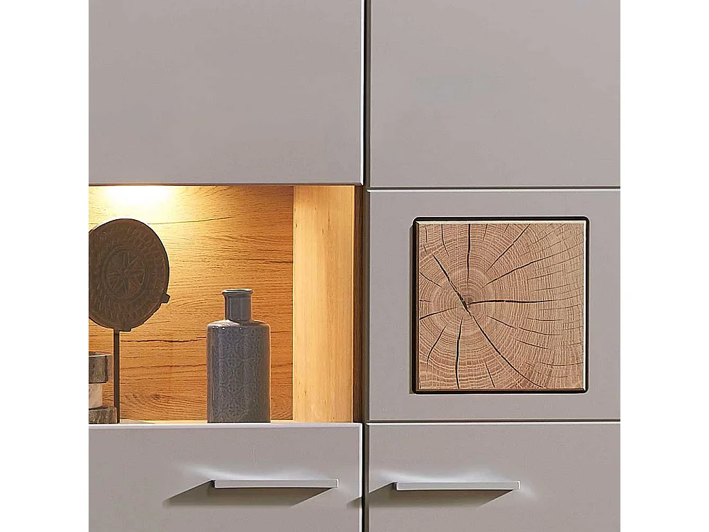 Hängevitrine in Grau und Eiche Optik LED Beleuchtung