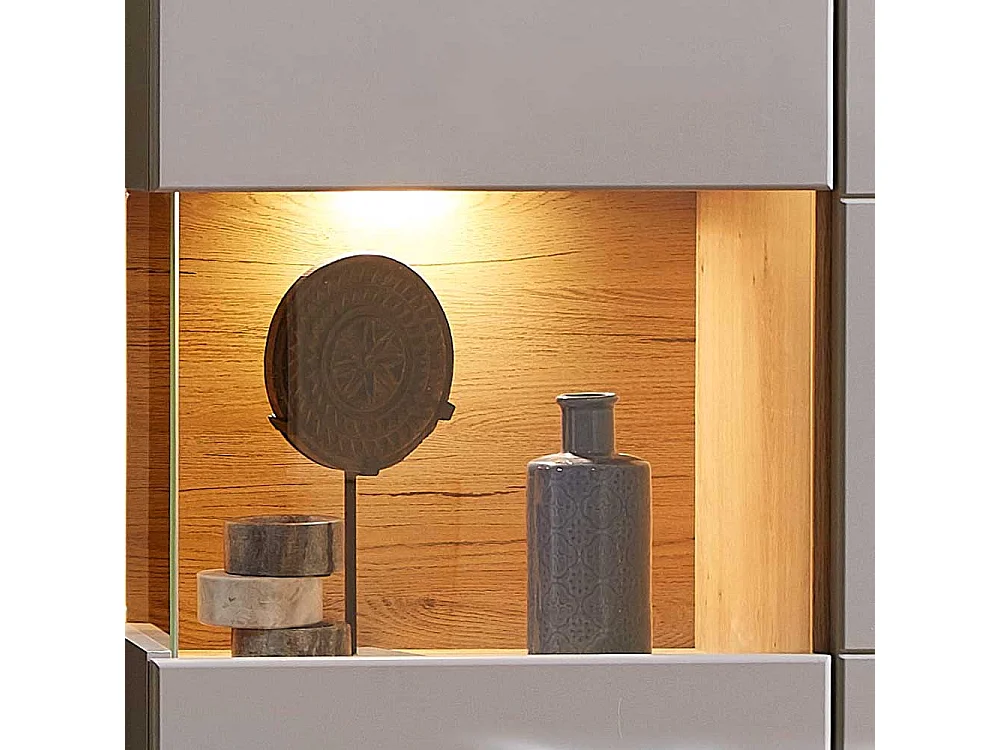 Hängevitrine in Grau und Eiche Optik LED Beleuchtung