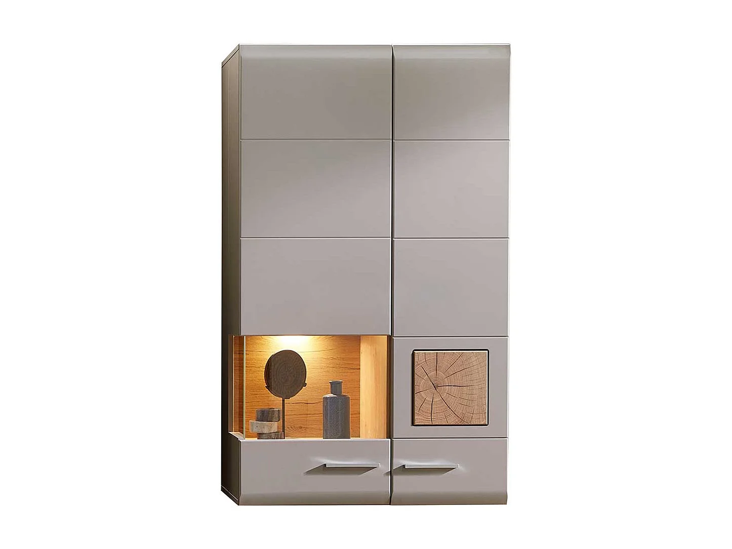 Hängevitrine in Grau und Eiche Optik LED Beleuchtung