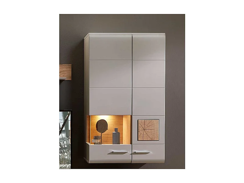 Hängevitrine in Grau und Eiche Optik LED Beleuchtung