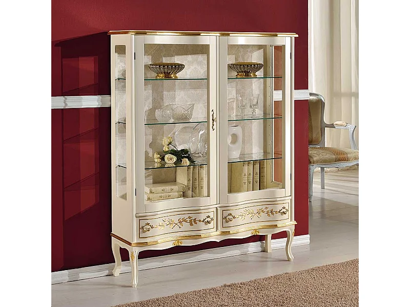 Esszimmervitrine im Barockstil Weiß und Goldfarben verziert