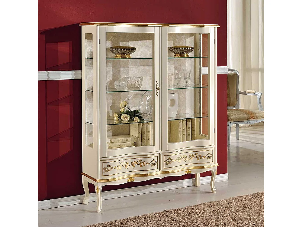 Esszimmervitrine im Barockstil Weiß und Goldfarben verziert