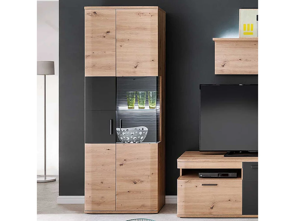 Standvitrine in Eichefarben und Anthrazit 70 cm breit