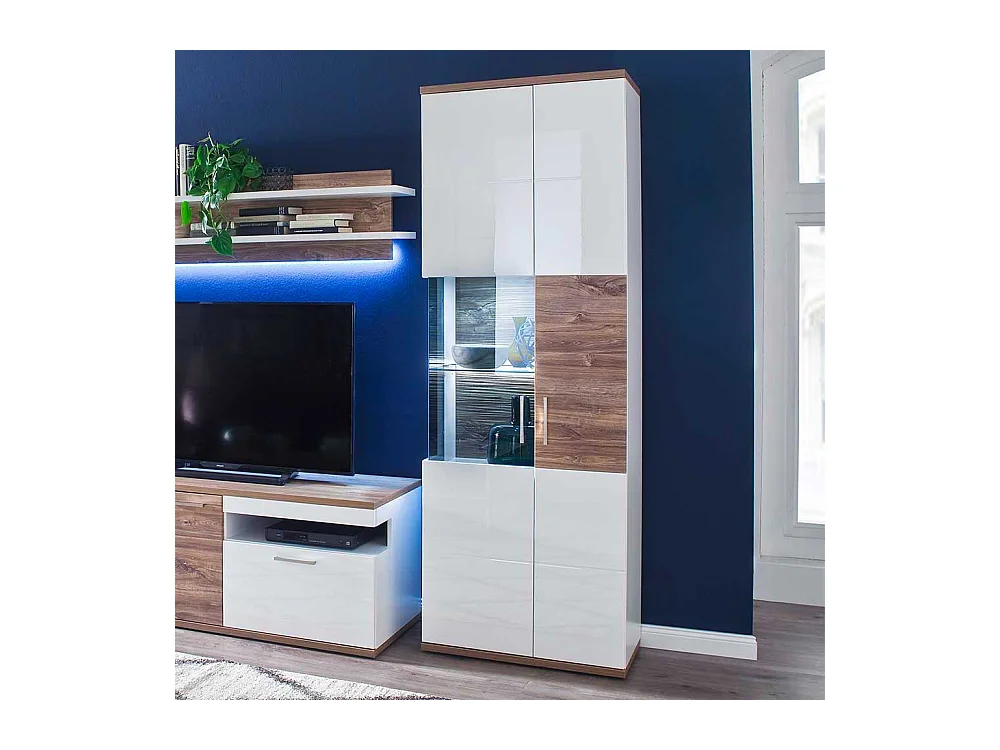 Standvitrine in Weiß hochglänzend und Eiche Dekor 70 cm breit