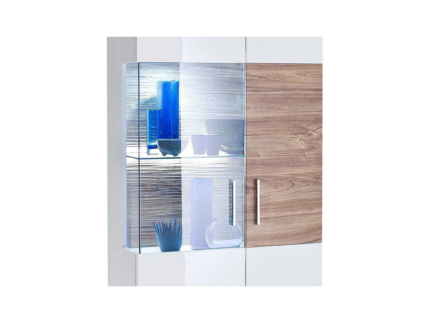 Standvitrine in Weiß hochglänzend und Eiche Dekor 70 cm breit