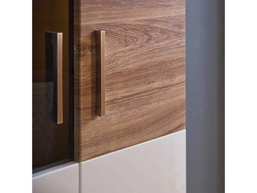 Standvitrine in Weiß hochglänzend und Eiche Dekor 70 cm breit