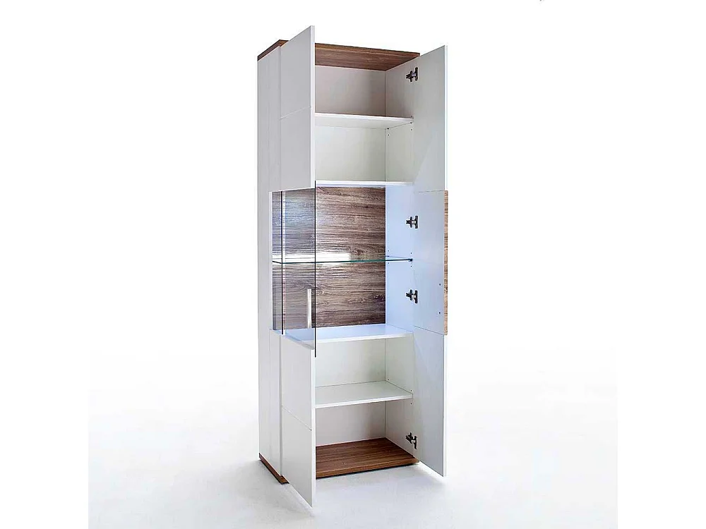 Standvitrine in Weiß hochglänzend und Eiche Dekor 70 cm breit