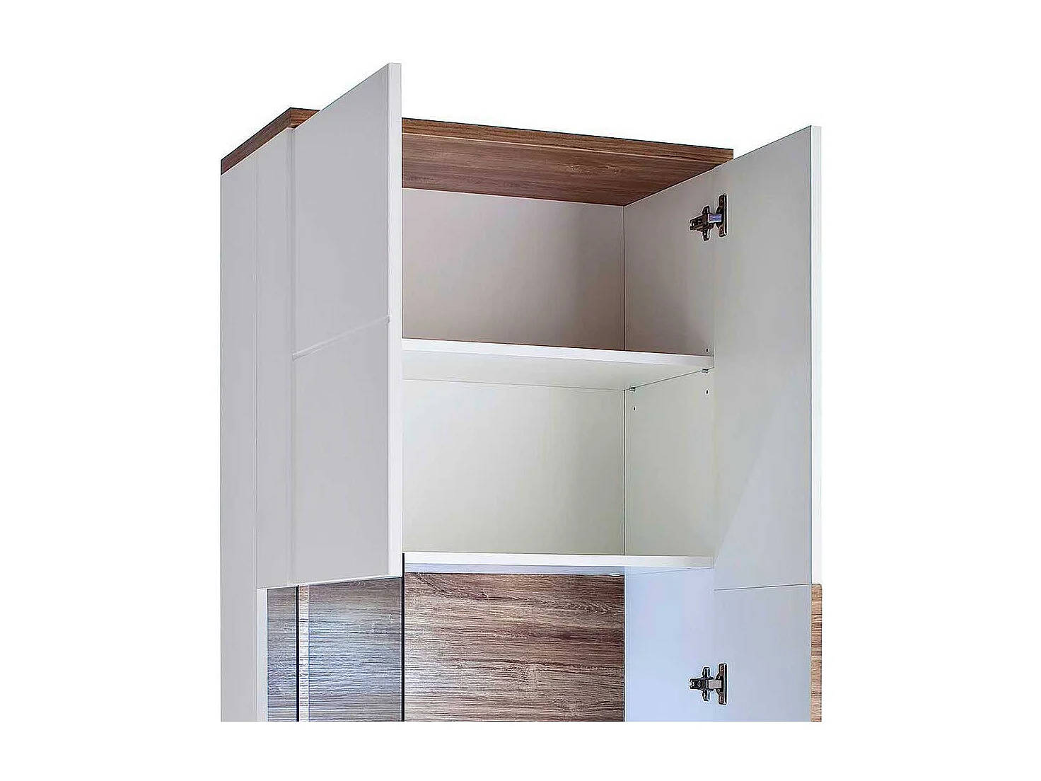 Standvitrine in Weiß hochglänzend und Eiche Dekor 70 cm breit