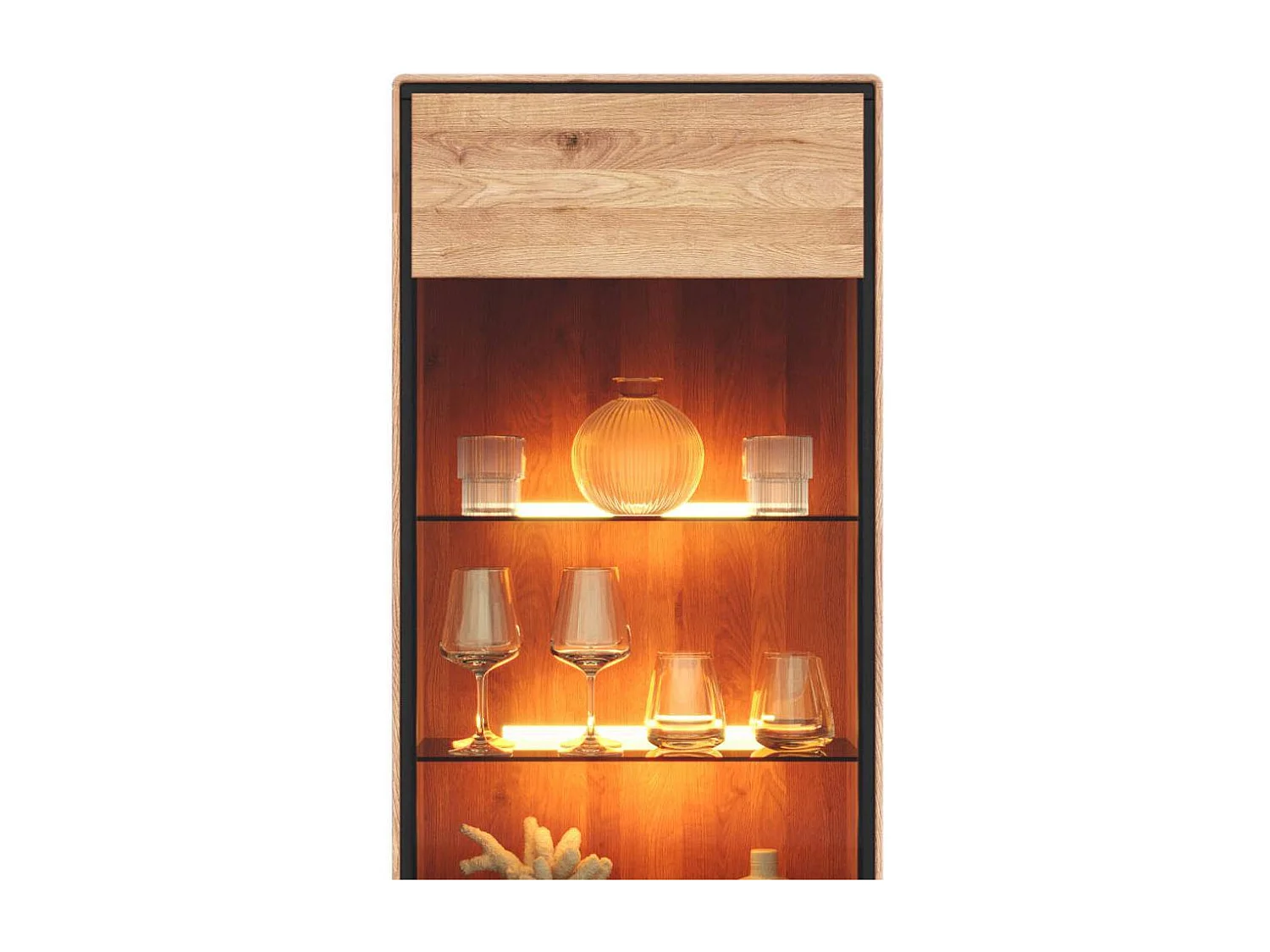 Standvitrine Esszimmervitrine mit Hirnholz Applikation aus Wildeiche Massivholz