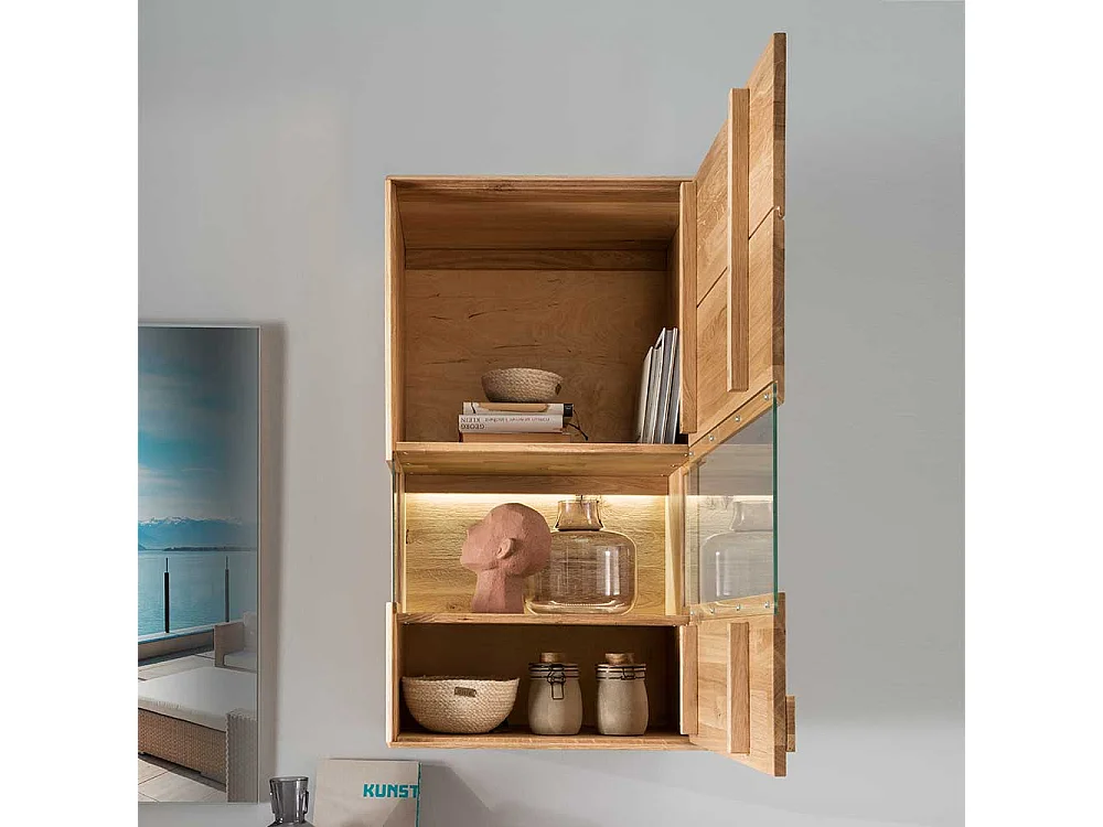 Hängevitrine aus Wildeiche und Eiche Massivholz Glaseinsatz