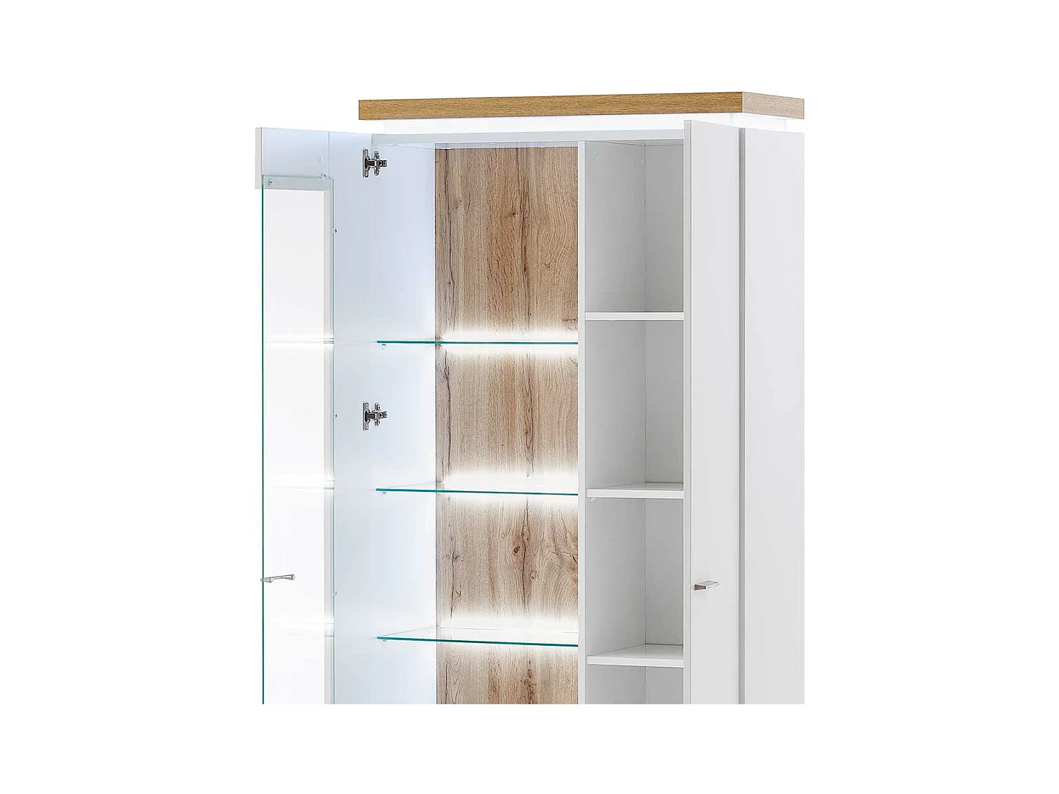 Wohnzimmervitrine in Weiß und Wildeiche Optik LED Beleuchtung